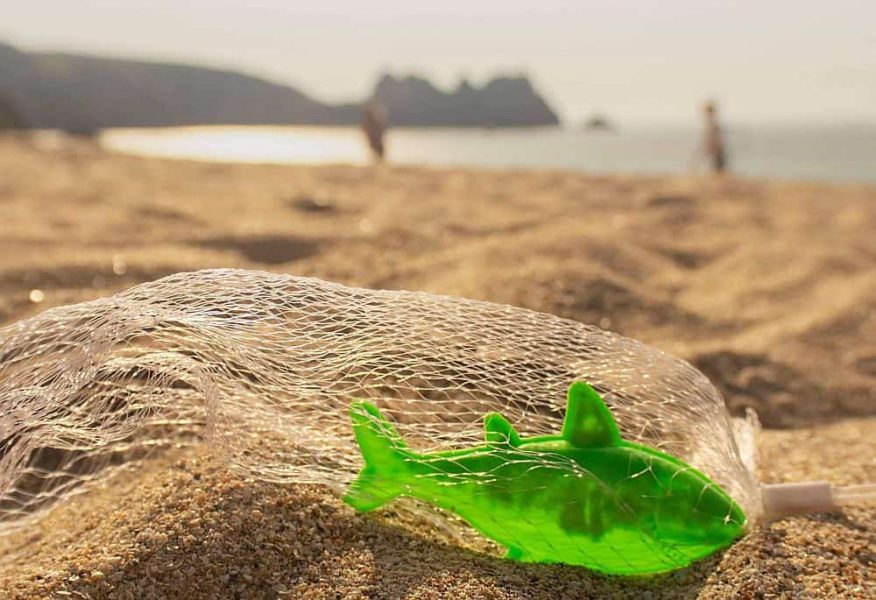 Plastic fish and net on Porthcurno beach. Photo by Maeve Cushla