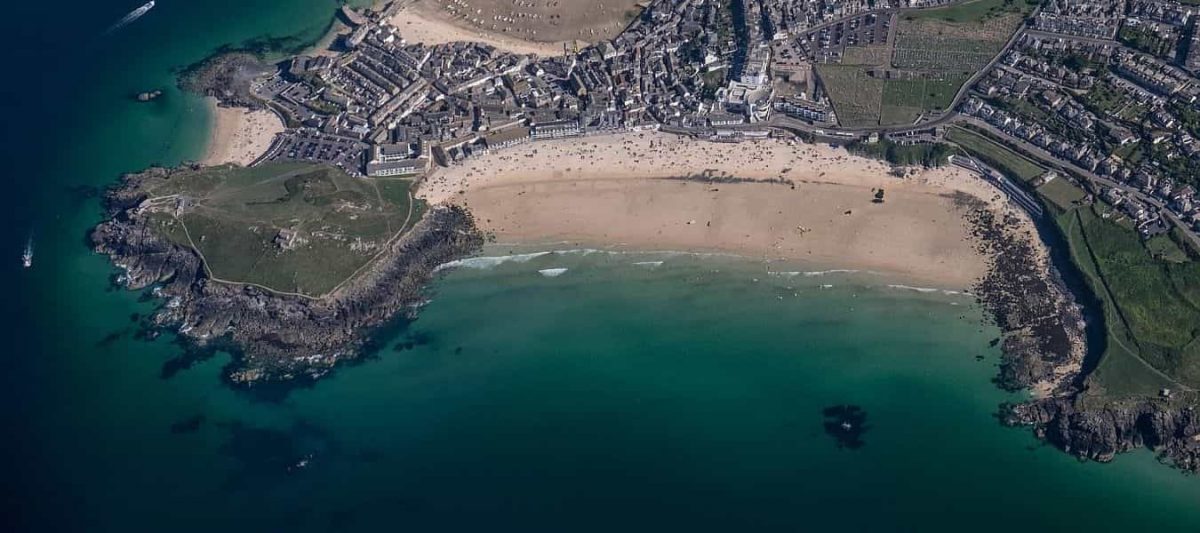 Porthmeor beach aerial view